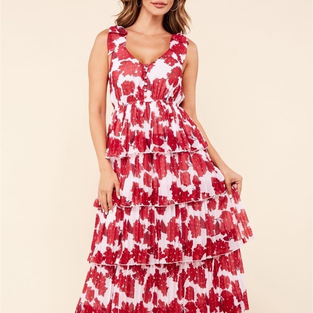 L’ATISTE red white floral pleated tiered midi dress sleeveless with bows small